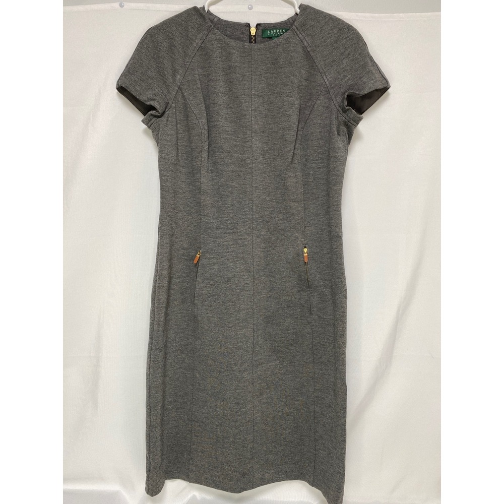 Lauren Ralph Lauren Gray Short Sleeve Womens Dress Back Zip Front Zip Pockets 10